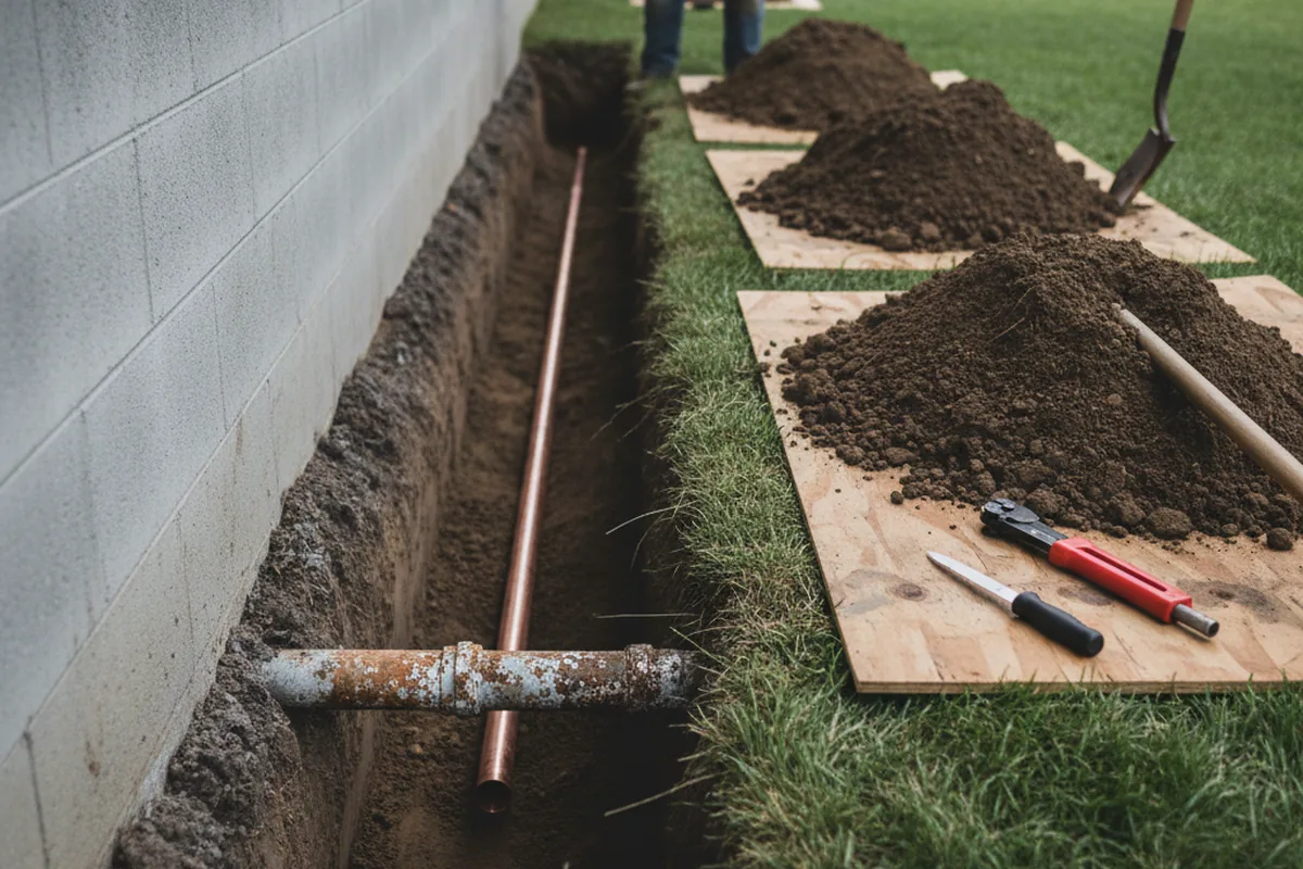 Excavated water line trench during Water Softener Installation in York Beach